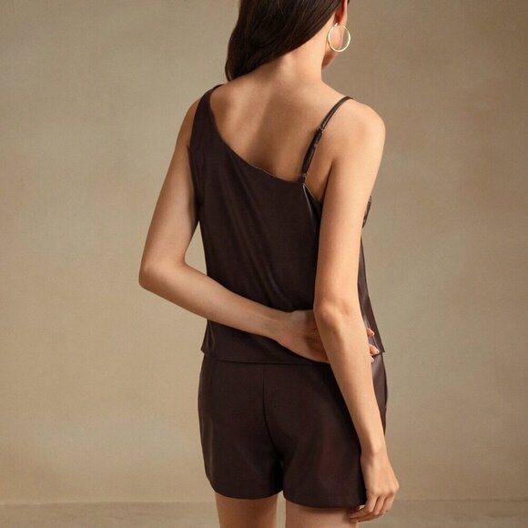 Merlot Preppy Women's Ruched Asymmetric Hem PU Sleeveless Top - Picture 3 of 5